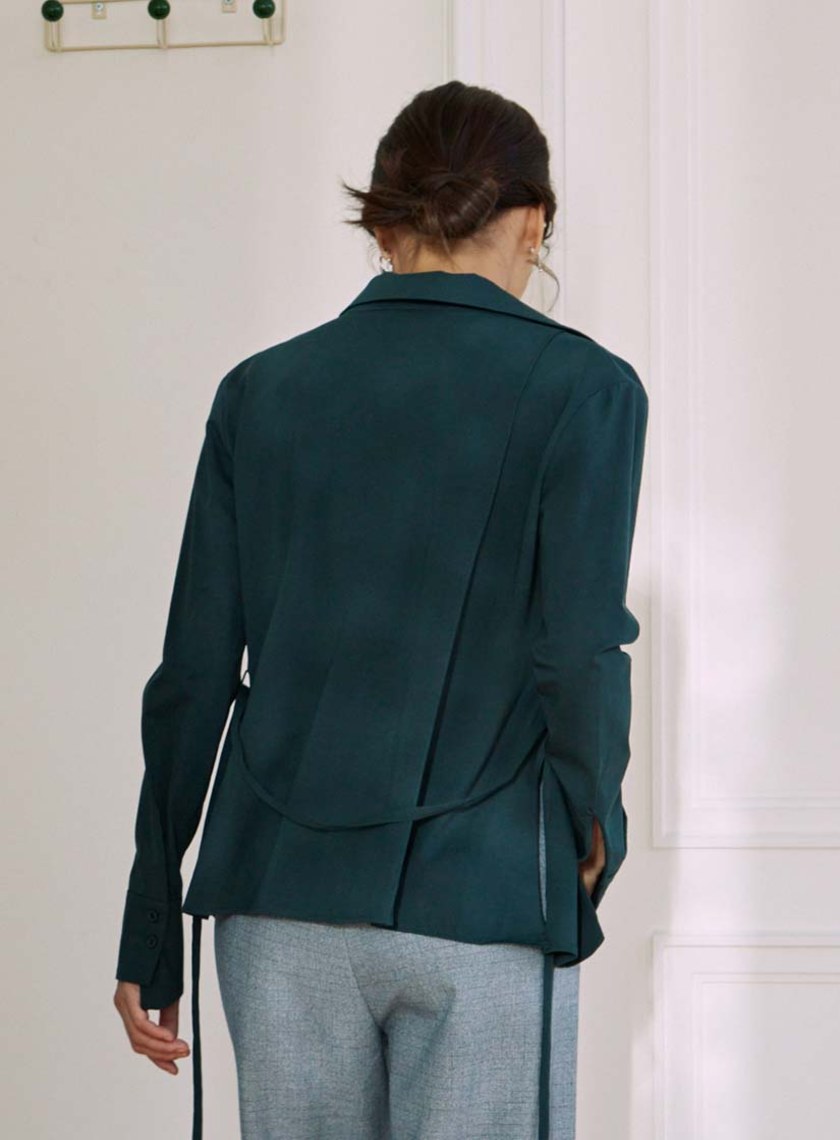 不對稱領彈力綁帶長袖襯衫